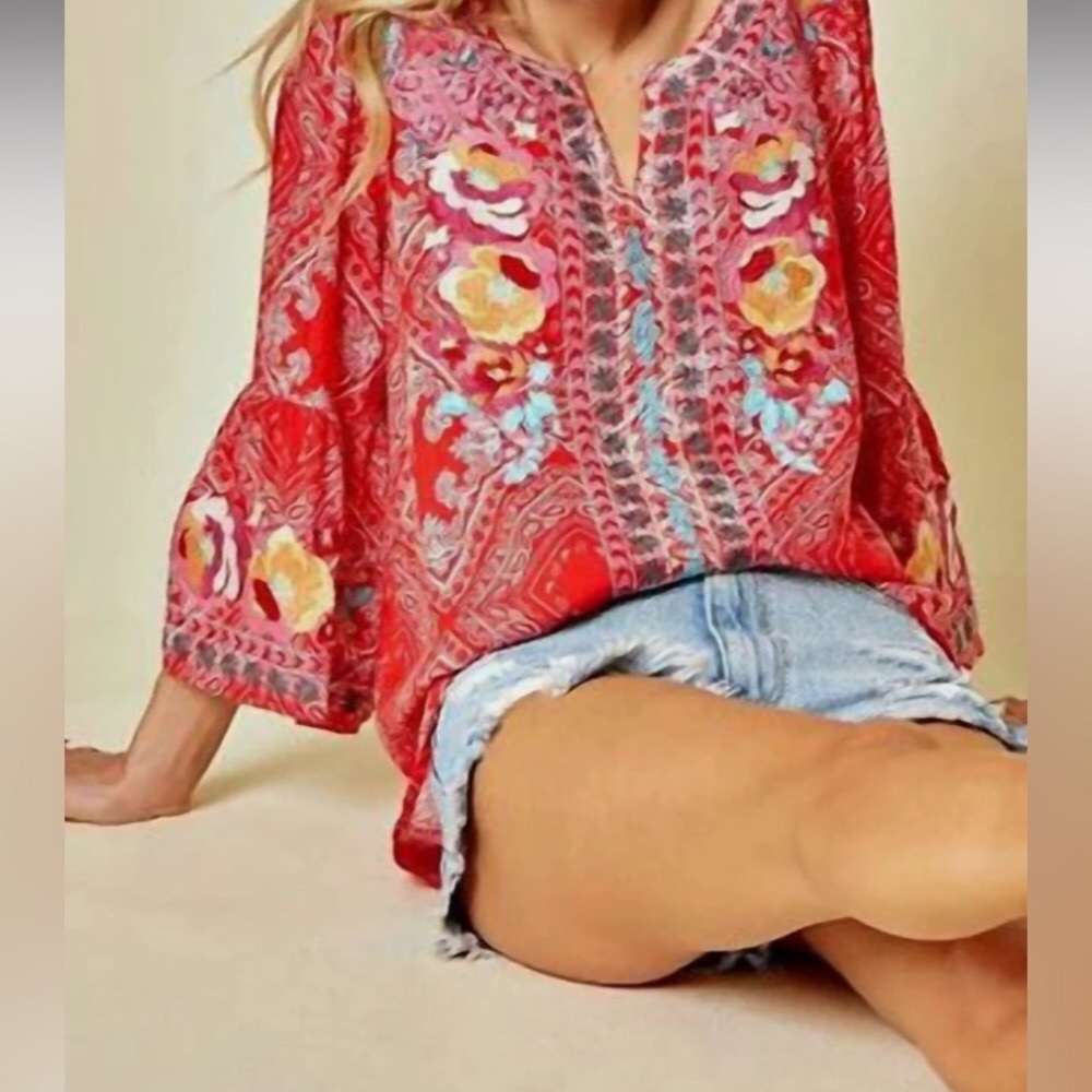 Savanna Jane Pink Bandanna  Print Mexican Embroidered Tunic  Top, Size Small